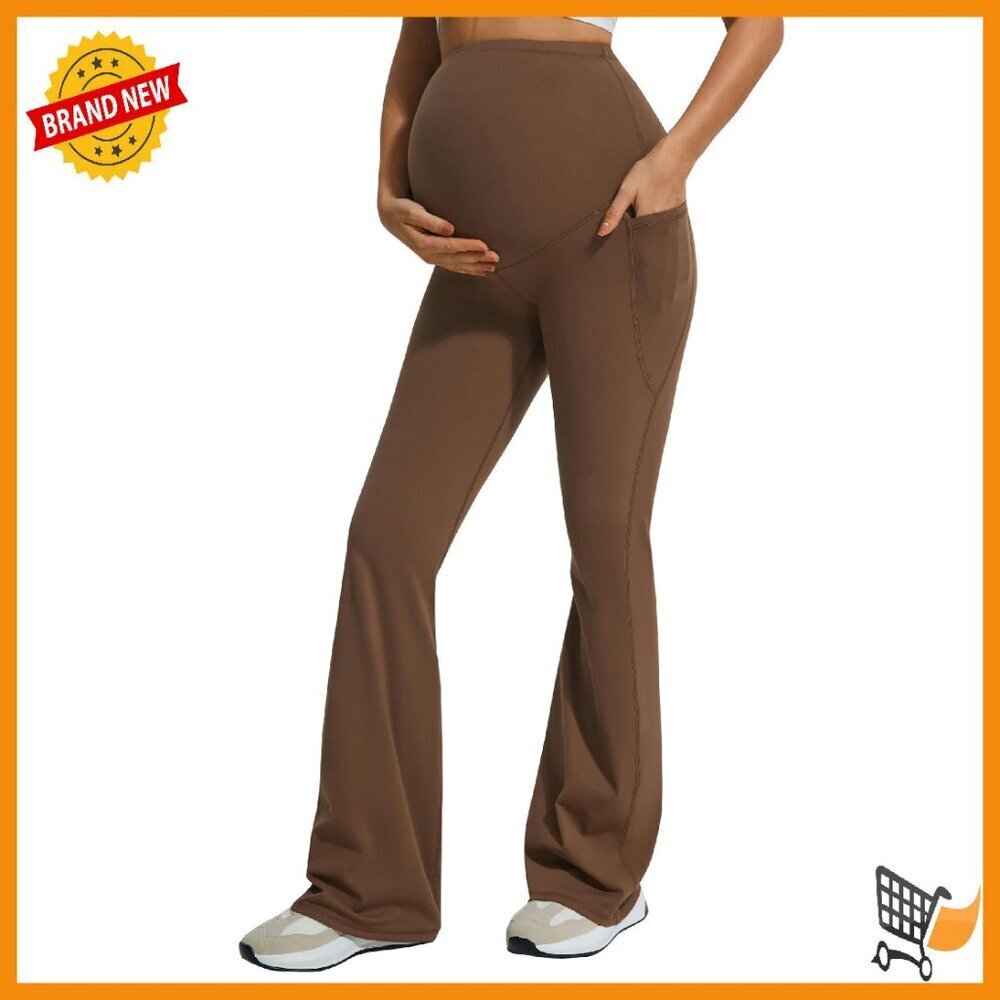 Maternity Flare Leggings Over Belly Pockets Yoga Pants Soft Bootcut